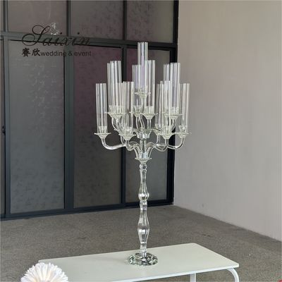 ZT-595 Gorgeous 13 arms Tall tube white crystal candle holder wedding candelabra for centerpieces