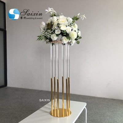 130CM 6 Pole Unique Flower Stand Acrylic Crystal Gold Glass Table Centerpieces