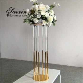 130CM 6 Pole Unique Flower Stand Acrylic Crystal Gold Glass Table Centerpieces