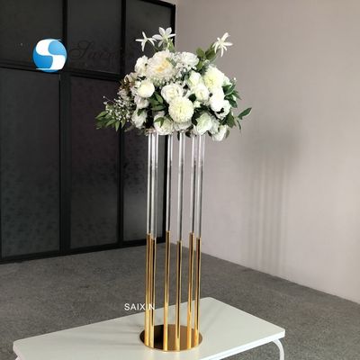 130CM 6 Pole Unique Flower Stand Acrylic Crystal Gold Glass Table Centerpieces