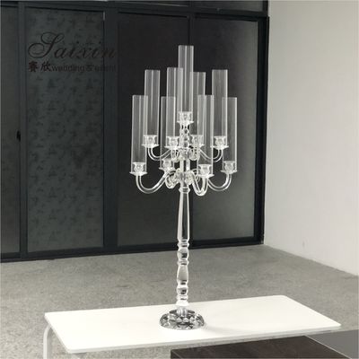 Wholesale Luxury Wedding Crystal Glass Candelabra Centerpieces 9 Arms Tall Cylinder Candelabras