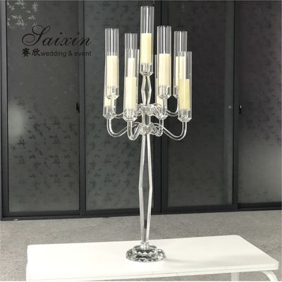 Tall Candle Holder Glass 9 Arm Crystal Candelabra For Wedding Centerpiece