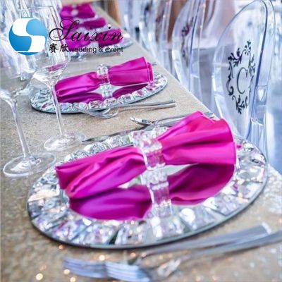 Gold Rim Mirror Charger Plate For Wedding Event Diamond Rhinestones 15 Inch