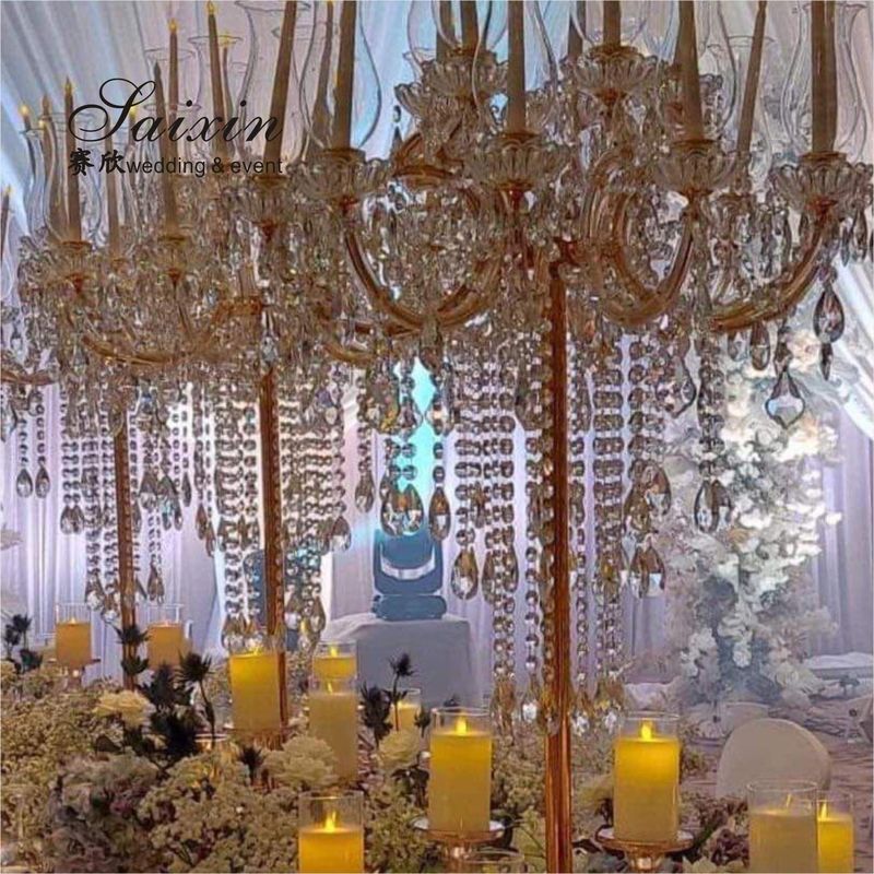 15 Arms Gold Tall Lead Crystal Candelabras Centerpieces Beaded For Wedding Table