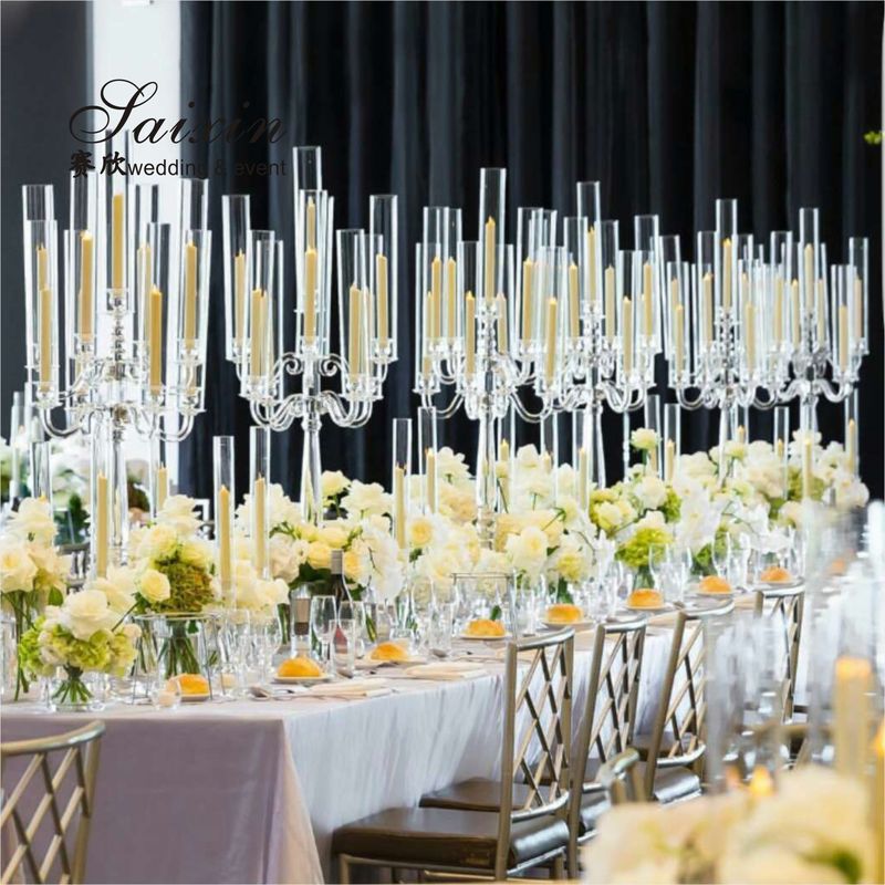 Wholesale Luxury Wedding Crystal Glass Candelabra Centerpieces 9 Arms Tall Cylinder Candelabras