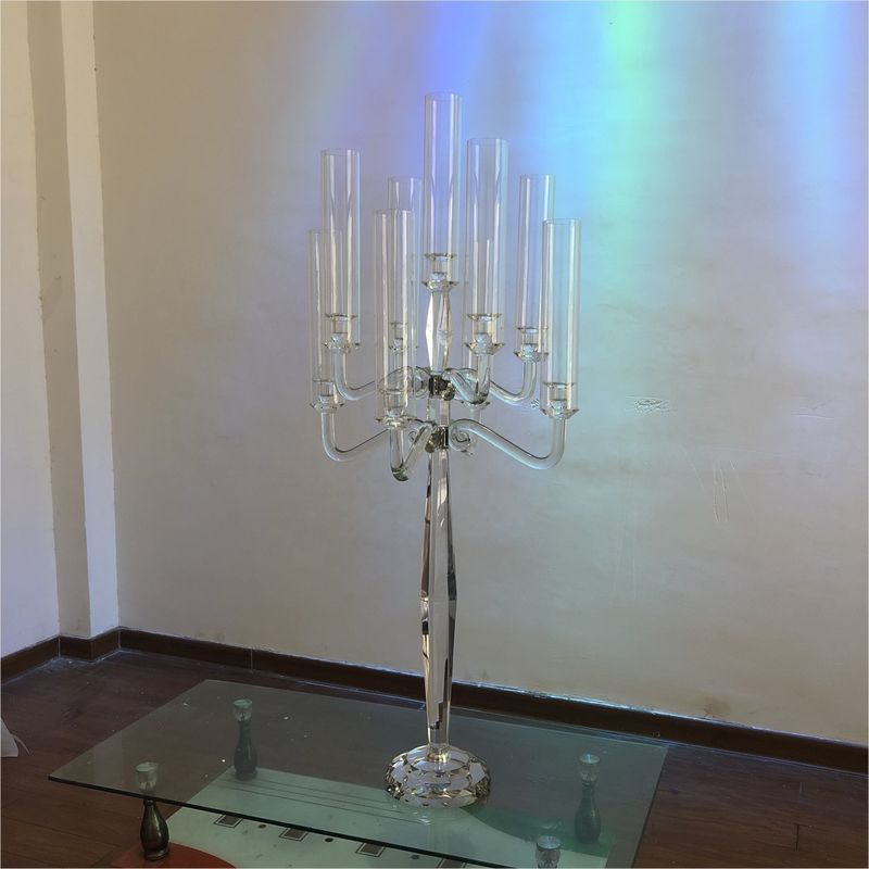 Tall Candle Holder Glass 9 Arm Crystal Candelabra For Wedding Centerpiece